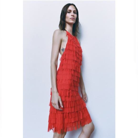Zara FRINGED TULLE HALTER DRESS Size Small - Picture 6 of 13